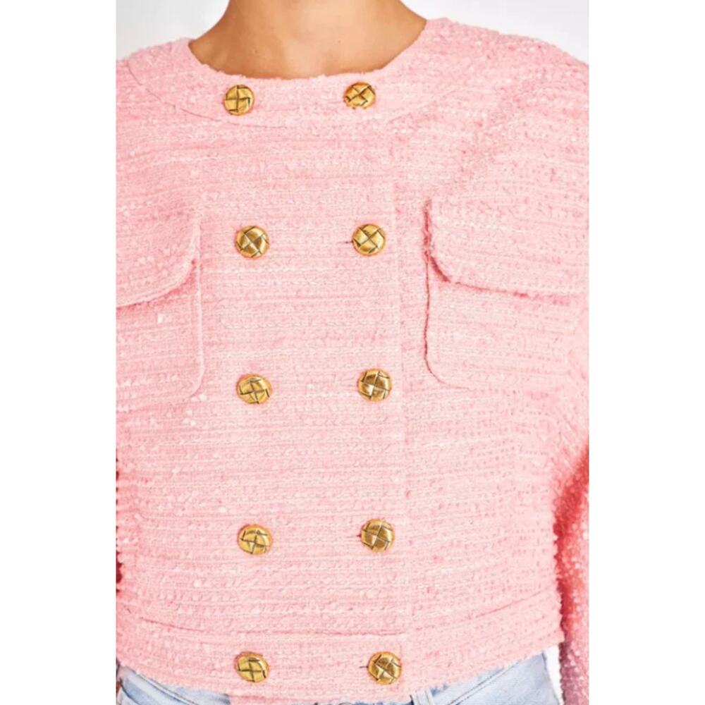 LoveShackFancy Keiran Pink Tweed Blazer Jacket Relaxed Preppy Gold Buttons XS - Picture 4 of 16
